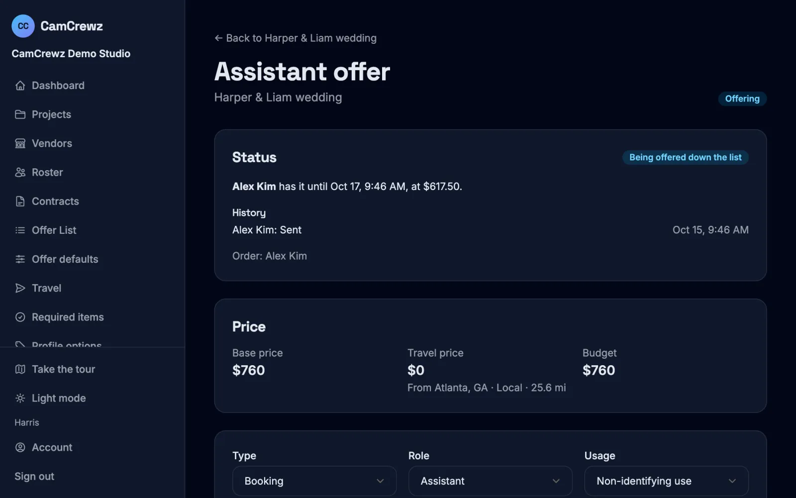 An offer being sent down the list: who has it, until when and at what price