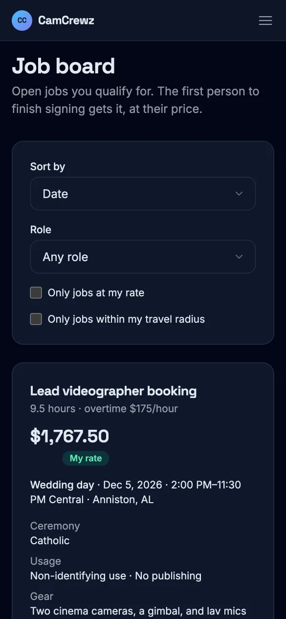 The job board on a phone, with filters for jobs at your rate and within your travel radius