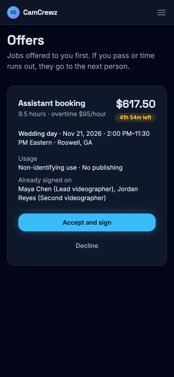 An offer on a phone: the role, dates, the videographer's price, the time left and Accept and sign